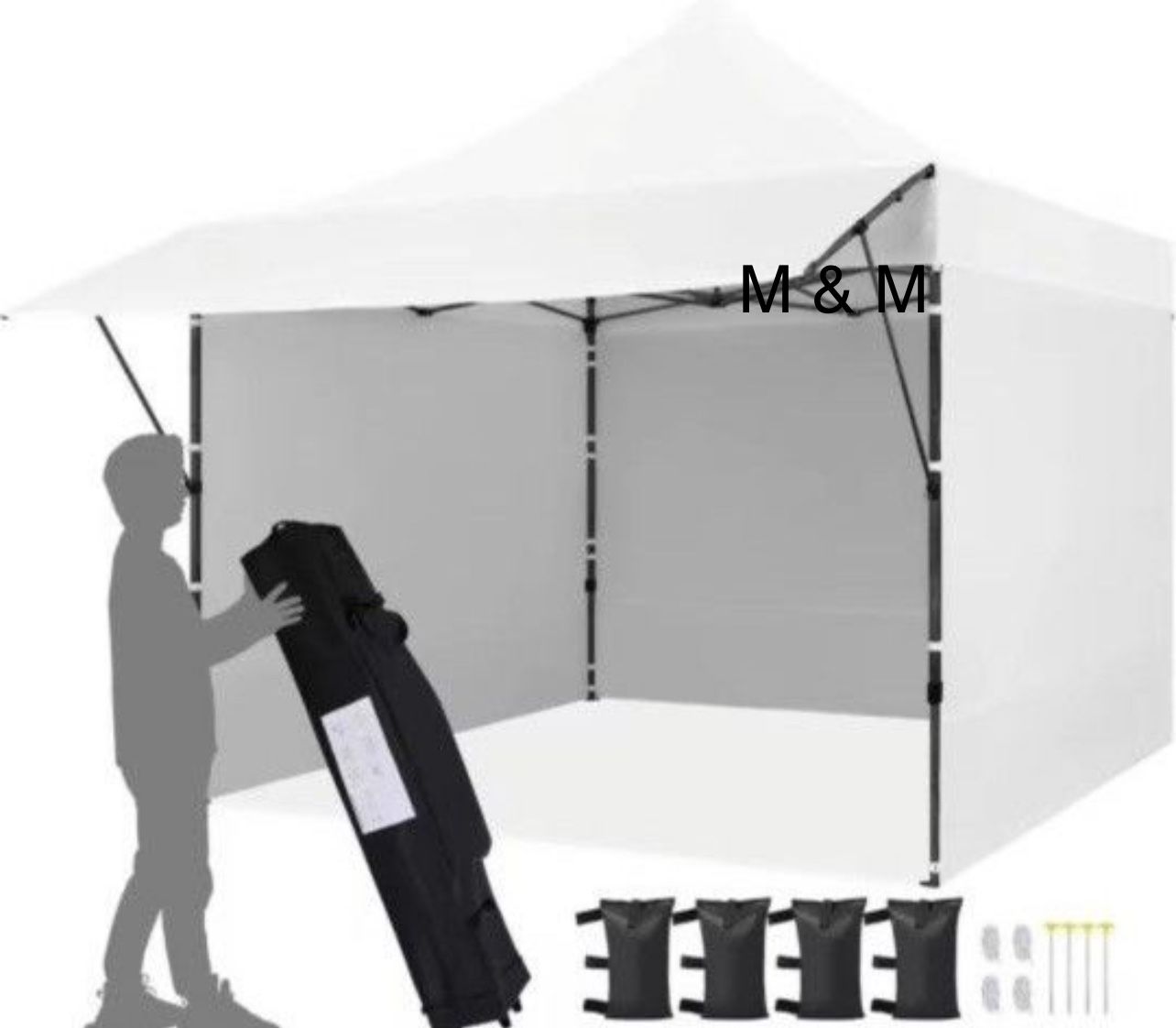 Pop Up 10x10Canopy Tent Heavy Duty with Awning, Sidewalls, Sand Bags and Rolling Bag.