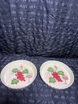 2 Quiche Baking Serving Dish Pan Ceramic 9.5” Diameter-Grapes & Wine Glass