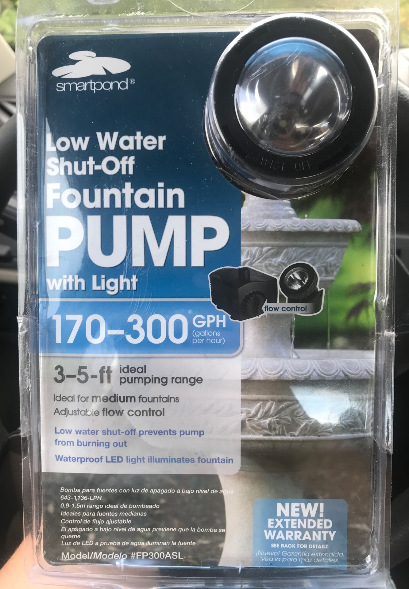 SmartPond Low Water Shut-Off Fountain Pump with Light 170-300 GPH