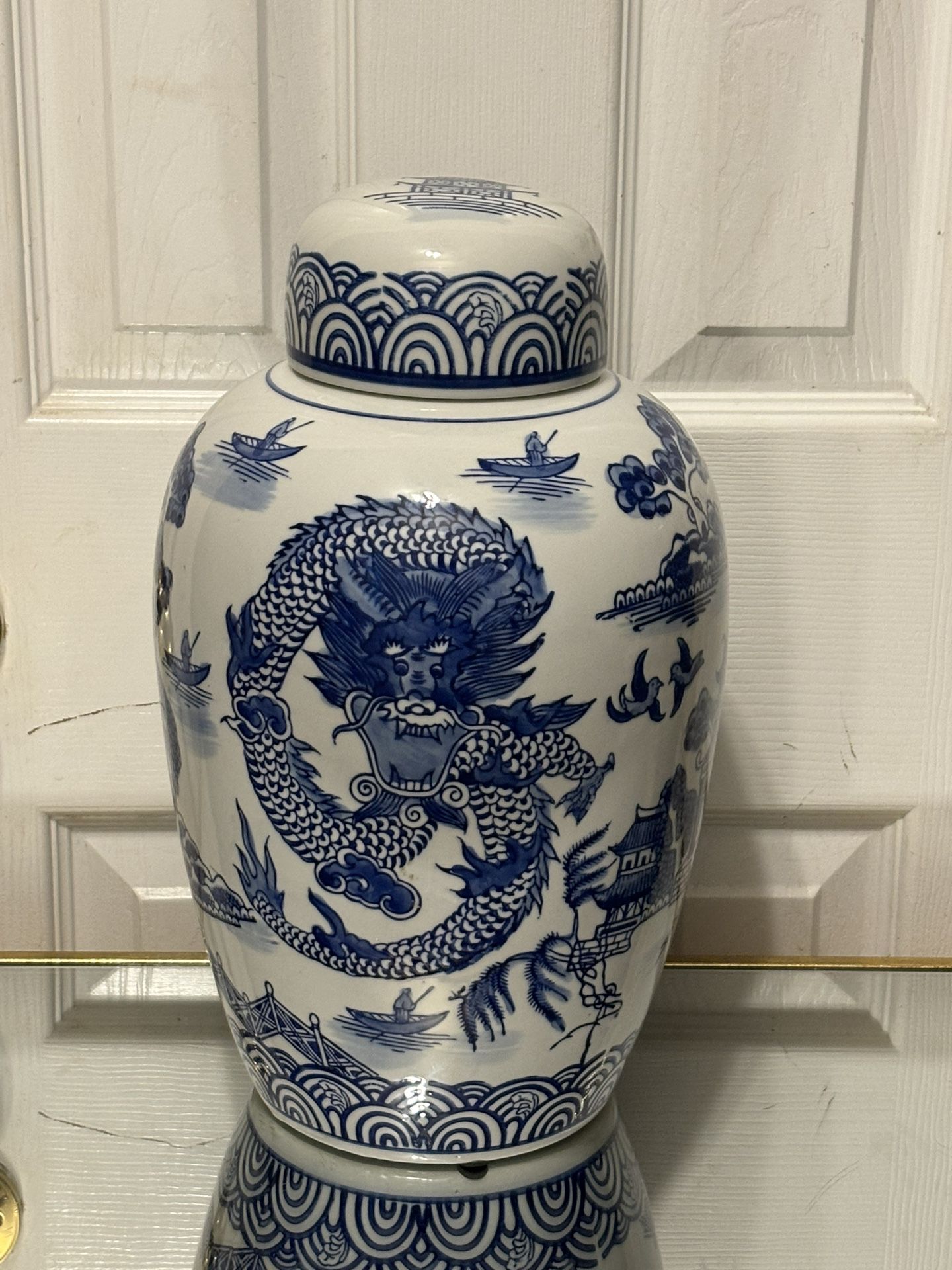 Blue and white ginger jar with dragon design