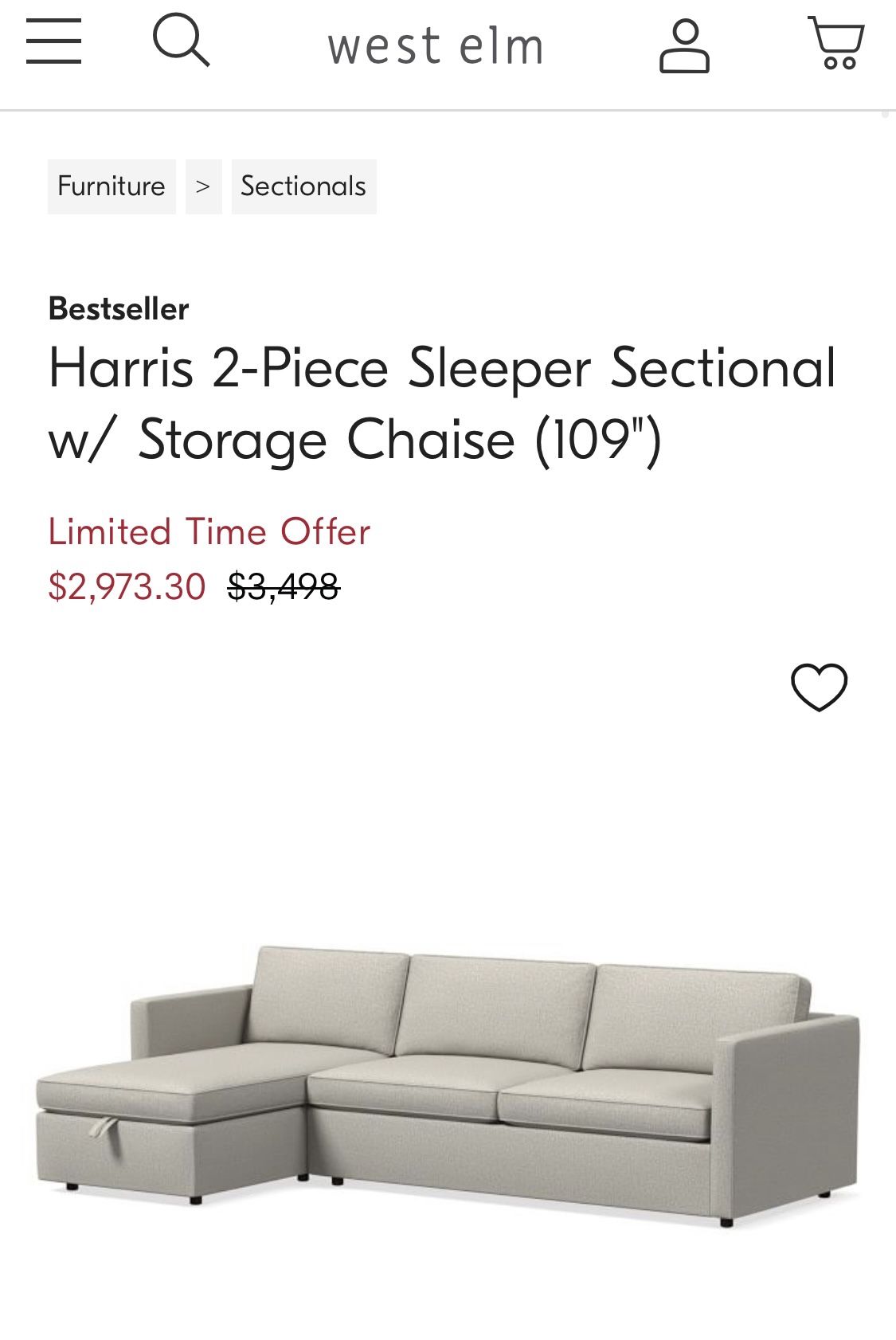 West elm harris sleeper sectional cheap with storage chaise