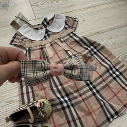 One Year Old Dress With Shoes And Hairs Accessories Check Print Brown Christmas Birthday Outfit 3 Pieces Set 