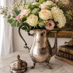 Vintage Tea/coffee Pot Footed Silver Plated Copper Heavy Signed French Cottage Decor  Centerpiece 