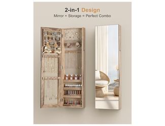 Mirror Jewelry Cabinet, Jewelry Armoire with Full Length Mirror,Mirror with Jewelry Storage Wall/Door Mounted, Lockable Jewelry Armoire Organizer, Oak