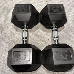 55 lb Hex Rubber Dumbbells  chrome domed handles