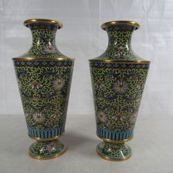 Cloisonne Enamel Solid Brass Asian Floral Themed Vases Pair 10" Tall
