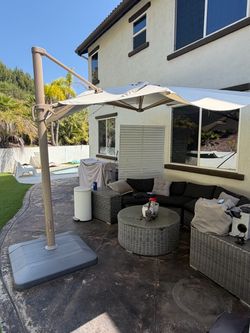 Moving Sale: Large Cantilever Offset Patio Umbrella w/ Heavy Duty Weighted Base