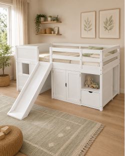 White Kids Loft Bed with Slide and Built-In Storage