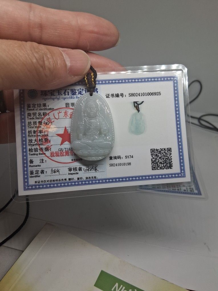 Certified A Genuine Green Burma Jade Jadeist Buddha Guardian Pdnt Rope.necklace Or Chain(1)
