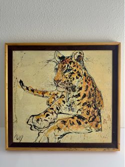 Leopard Print On Canvas by Artist Fritz Rudolph Hug Approx 27 x 25 Inches