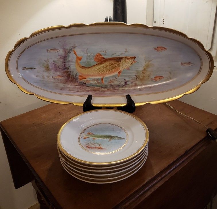 Antique Limoges Fish Platter And Plates