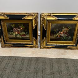 Pair of Fruit Paintings in Ornate gold and black frames 15.5 x 17 Smoke free household