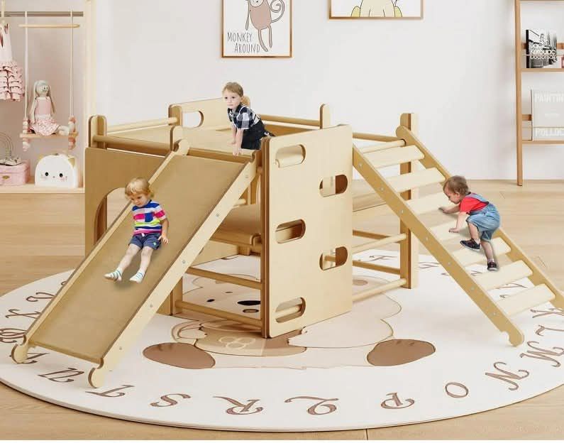 7-in-1 Indoor Jungle Gym, Wooden Indoor Playground for Kids 1-3, Toddler Playground with Climbing Arch, Ladder, Rock and Slide, Montessori Climbing Se