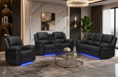 Black Leather Recliner Sofa And Loveseat with LED Lights
