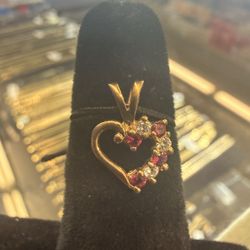 10KT Heart Pendant W/ Red & White Stones I-1842