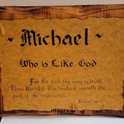 Vintage Rustic Wood Plaque - "Michael" Name Meaning & Isaiah 26:7
