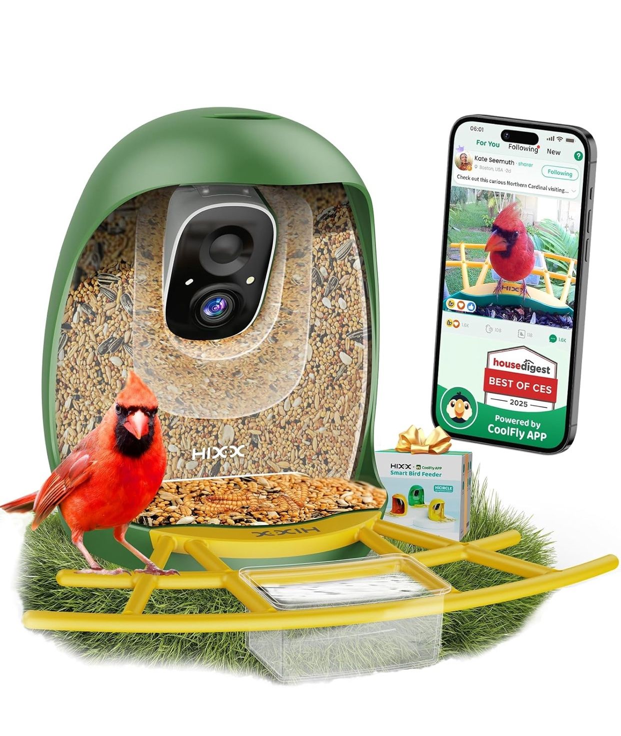 Smart Bird Feeder with Camera, Lifetime Free AI Bird Species Recognition, Solar-Powered Video Birds Feeder for Outdoors with HD Camera, Mounts Anywher