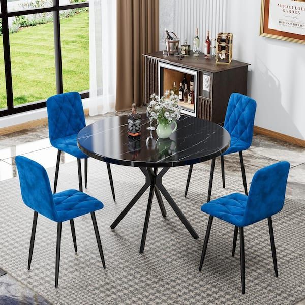 NEW FOUR (4) Blue Modern Kitchen Dining Room PU Upholstered Cushion Seat Sturdy Metal Leg Leather Dining Chairs