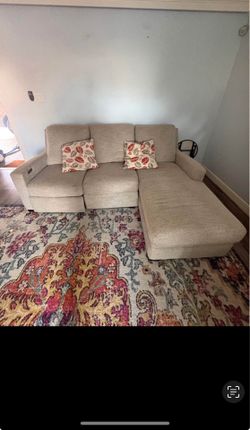 Beige Fabric Sectional Sofa with Power Recliner & Chaise Lounge