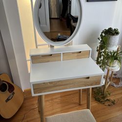Lighted Mirror Vanity With Drawers & Stool - Mid century Modern Inspired!