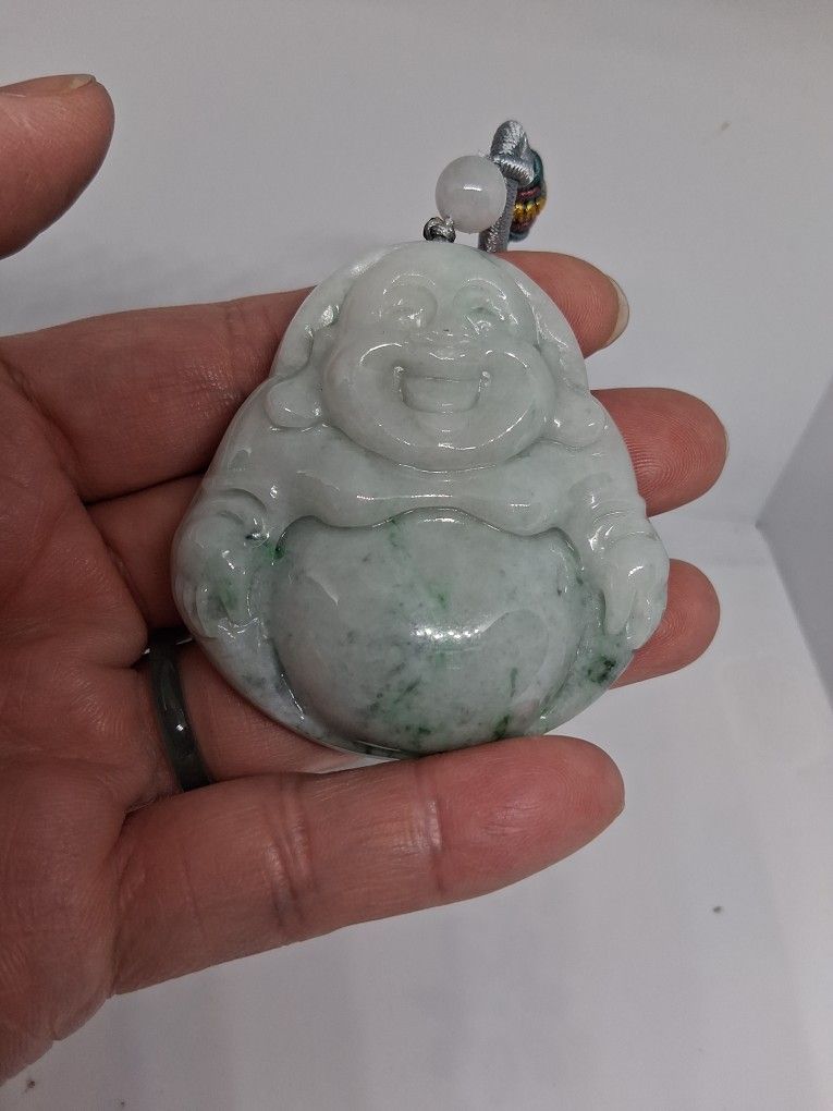 Certified A Green Emerald Jade Jadeist Burma Happy Buddha Pdnt Size 2.25x2.25" Rope Necklace