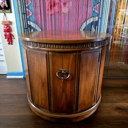 Mid Century Modern Large  Walnut Drum Side Table with Storage by Weiman  21.5"×27"
