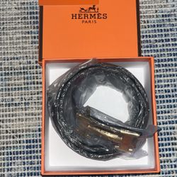Black Hermes Leather Belt With Gold Buckle Size 32-35 Inch And Box 