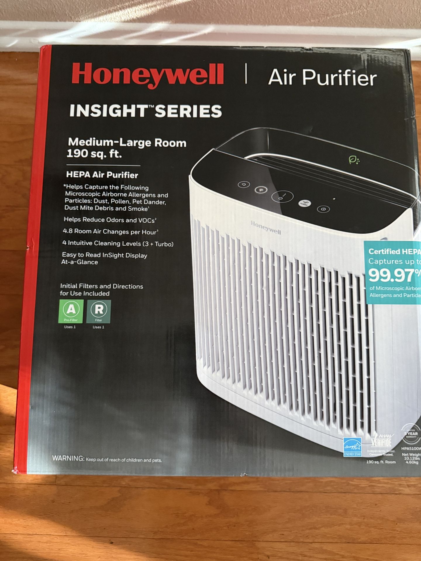 Honeywell Insight 190' Medium-Large Rooms HEPA HPA5100WV1 Air Purifier White: Quiet Fan, Carbon Filter, Energy Star Certified