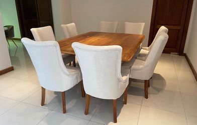 Wood Dining Table with 8 Upholstered Chairs