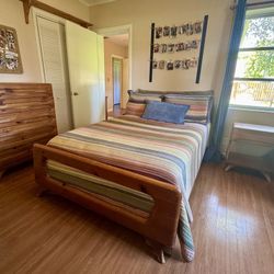 Antique four piece double bedroom set (bed, wide dresser with mirror, tall dresser, 1 nightstand)