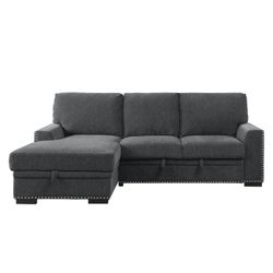 Brand new  (96" x 65.5" x 37"H) 2-piece dark gray chenille sectional with pull-out bed and right chaise or left chaise with Hidden Storage