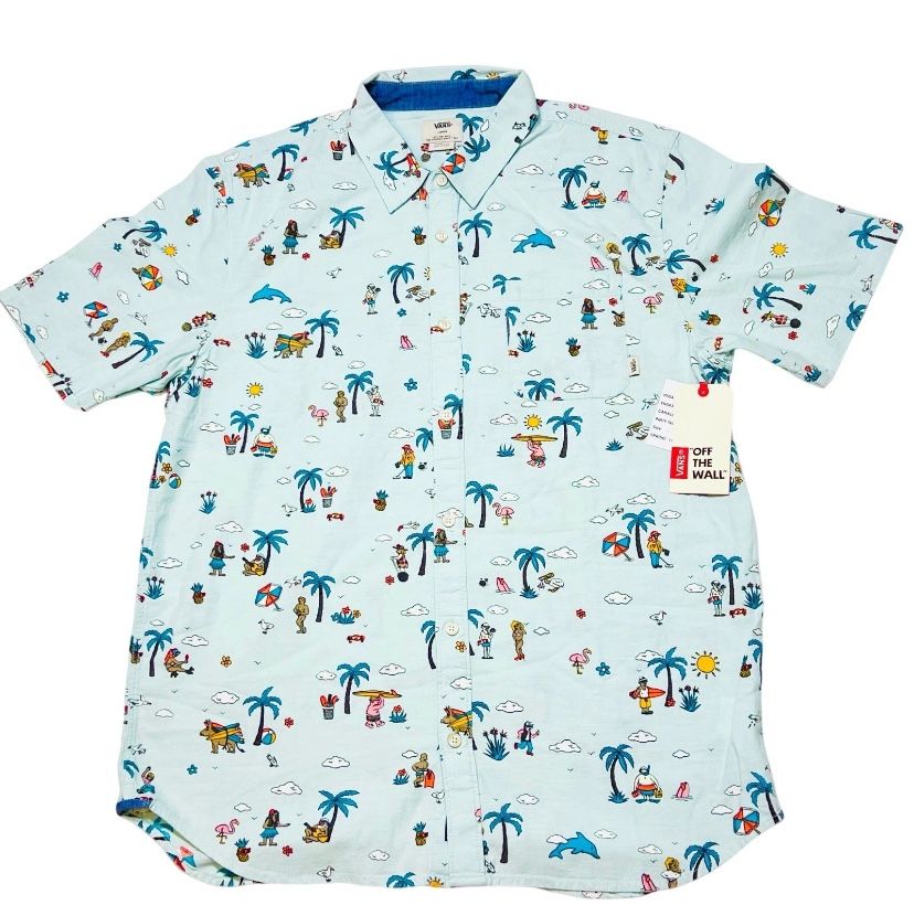Vans Party Train Beach Button Up Shirt Men Large Palm Trees Summer Tee New