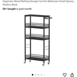 Slim Storage Cart 4 Tier Rolling Kitchen Cart Utility Serving Cart Laundry Room Narrow Cart with Handle Mobile Sheving Unit Organizer Wood Rolling Sto