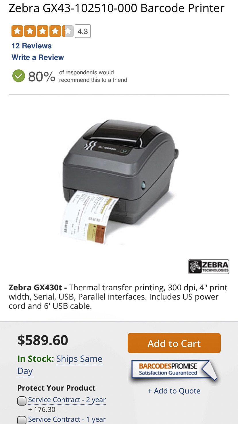 The Zebra GX43-102512-150 Thermal Transfer printers pair the fastest print speeds with the most complete feature set of the Zebra desktop printer ...