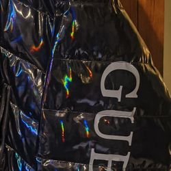 Black Guess Holographic Hooded Puffer Jacke