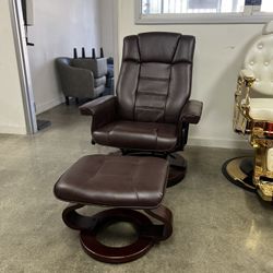Swiveling Recliner Chair with Wrapped Wood Base and Matching Ottoman Footrest, Furniture Casual Chair, Faux Leather 9019