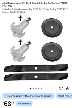 Replacement 42" Deck Rebuild Kit for Craftsman LT1000 LTX1000 Includes 2 Spindle Assembly 130794, 2 Idler Pulley 153535, 2 Mower Blade 134149