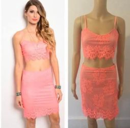 Brand New Neon Coral Lace Crop Top Skirt Set