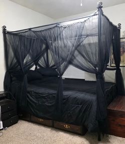 Queen Black Metal Four-Poster Canopy Bed Frame with Sheer Curtains