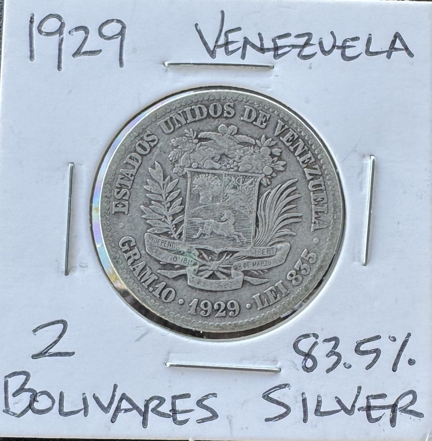 1929 Venezuela 2 Bolivares Silver Coin