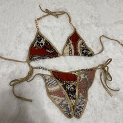 New med red gold y2k dancer bikini low rise scrunch festival rave outfit swim   Low rise scrunch bottom 