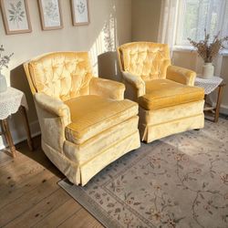 Pair of Vintage Gold Velvet Tufted Armchairs