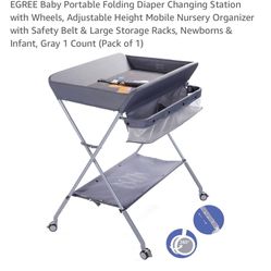 EGREE Baby Portable Folding Diaper Changing Station with Wheels, Adjustable Height Mobile Nursery Organizer with Safety Belt & Large Storage Racks,