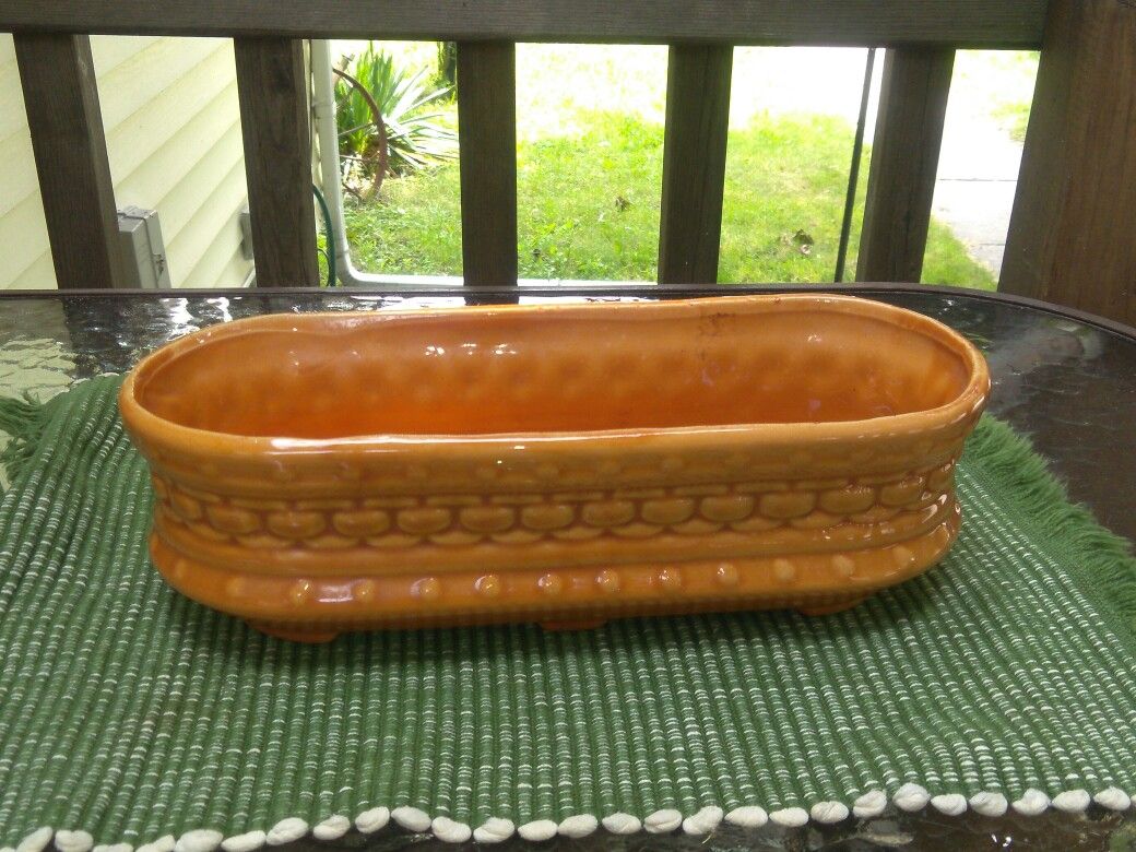 Vintage Orange Brown Oblong Art Pottery Planter Chain Link Pattern Gloss Orange Glazed Unknown Maker