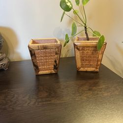 Pair Vintage Burnt Bamboo Woven Rattan Planters Pot 