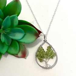 Natural Peridot Chip Tree of Life 18” Necklace