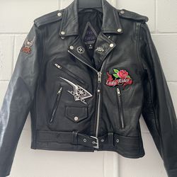 Pro Force Motorcycle Biker Classic Leather Jacket Size 8 Belt Zipper Pockets
