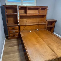 Solid wood bed frame with storage and bookshelf