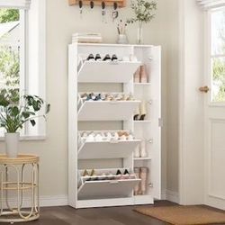 White Shoe Storage Cabinet with Mirror