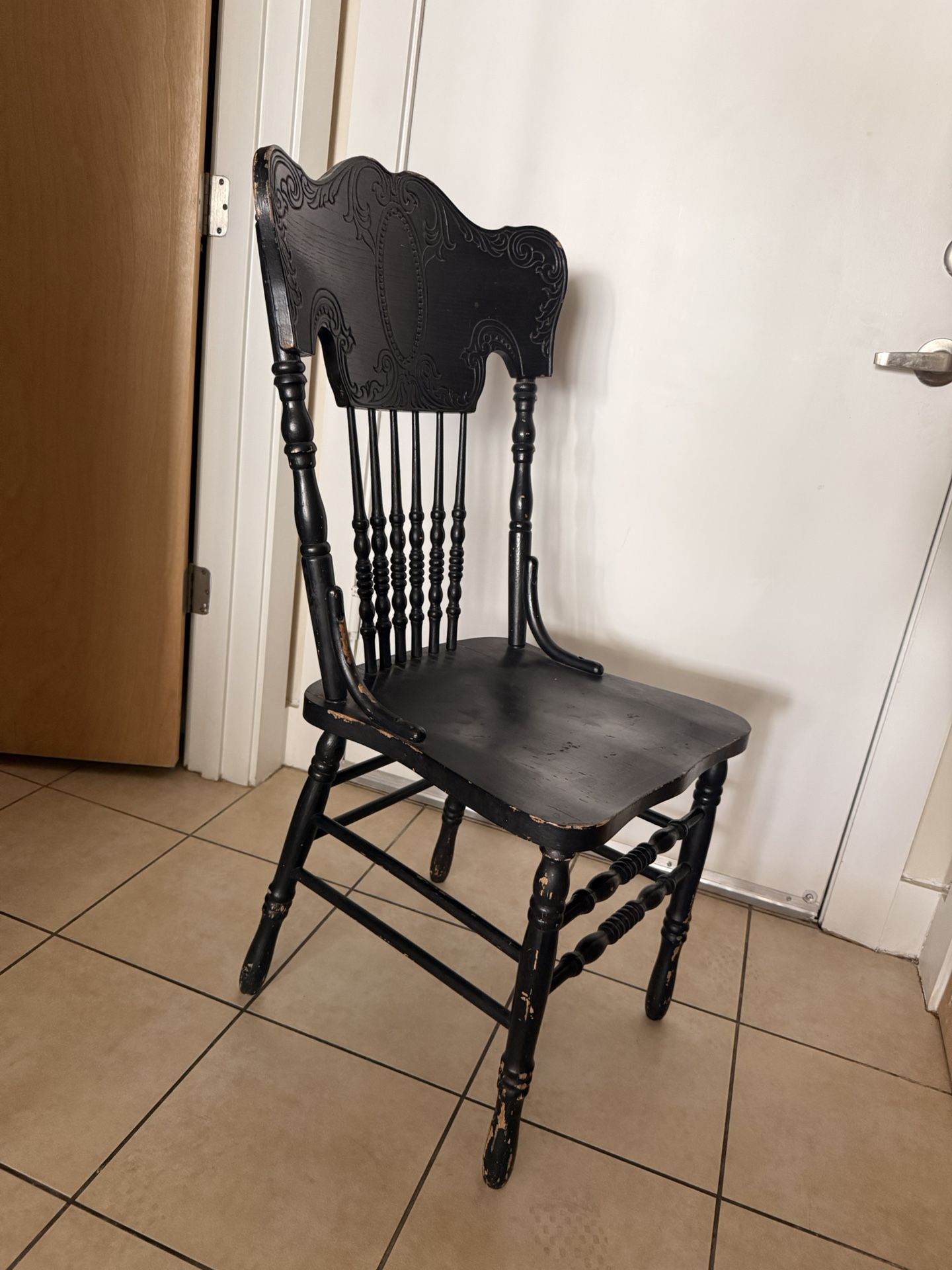 Antique Black Wood Spindle Back Chair - Ornate Backrest